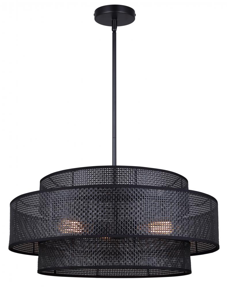 BELLAMY, 3 Lt 22" W Rod Chandelier, Black Rattan Shade, 60W Type A, 22" W x 17.25 - 59.25